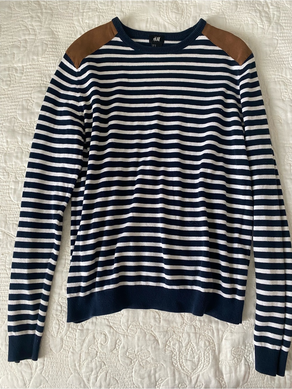H&M Navy and White Striped Sweater w/ Suede Shoulders